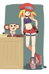 Rule 34 | 1girl, bare arms, bike shorts, blonde hair, blush stickers, box, breasts, brown gloves, cabbie hat, crop top, data (mega man), full body, gloves, green eyes, hand on own hip, hat, jumpsuit, jumpsuit around waist, looking to the side, mega man (series), mega man legends (series), midriff, monkey, muu (mumumer), navel, on box, roll caskett (mega man), simple background, small breasts, smile, standing, stomach, unzipped, white background