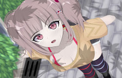 Rule 34 | 1girl, alternate costume, alternate hairstyle, black footwear, black thighhighs, blue thighhighs, blunt bangs, blush, boots, breasts, cleavage, collarbone, commentary, danganronpa (series), danganronpa 2: goodbye despair, earrings, from above, fur trim, hair ornament, hairclip, heart, highres, jewelry, large breasts, looking at viewer, mole, mole on breast, nanami chiaki, nano (nanofarla), open mouth, outdoors, pink eyes, pink hair, red thighhighs, shirt, short hair, short sleeves, solo, standing, striped clothes, striped thighhighs, sweat, thighhighs, twintails, two-tone legwear, very sweaty, yellow shirt