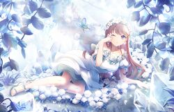 Rule 34 | 1girl, ;o, arm support, breasts, brown hair, bug, butterfly, collarbone, crystal, dress, dress flower, earrings, flower, flower earrings, flower ring, fujishima megumi, game cg, hand up, head wreath, highres, insect, jewelry, link! like! love live!, long hair, looking at viewer, love live!, lying, medium breasts, off-shoulder dress, off shoulder, official art, on side, one eye closed, parted lips, purple eyes, sandals, solo, third-party source, virtual youtuber, white dress, white flower