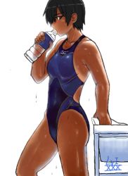 Rule 34 | 1girl, black hair, bottle, competition swimsuit, drinking, looking at viewer, lvi, mizuno (brand), one-piece swimsuit, original, short hair, solo, swimsuit, tan, water bottle, wet
