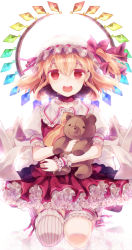 Rule 34 | 1girl, ascot, backlighting, bad id, bad pixiv id, bear, blonde hair, blush, choker, crystal, dress, flandre scarlet, hat, hat ribbon, hugging doll, hugging object, kneeling, leg ribbon, looking at viewer, mob cap, open mouth, petticoat, puffy sleeves, rainbow gradient, rainbow order, red dress, red eyes, ribbon, ribbon choker, shirt, short sleeves, side ponytail, single thighhigh, sitting, skirt, smile, solo, striped clothes, striped thighhighs, stuffed animal, stuffed toy, teddy bear, thigh ribbon, thighhighs, touhou, vertical-striped clothes, vertical-striped thighhighs, vest, wariza, white background, wings, wrist cuffs, yasiromann