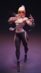 Rule 34 | 1girl, 3d, abs, absurdres, bandages, black footwear, black leggings, blender (medium), blonde hair, bra, brass knuckles, cleavage cutout, clothing cutout, fighting stance, full body, glasgow smile, gradient background, highres, leggings, long hair, looking at viewer, monster girl, muscular, muscular female, ninjason chan, scar, scar on face, scar on nose, sharp teeth, simple background, skin tight, solo, sports bra, sportswear, standing, stomach, tanya (jeremy anninos), teeth, underwear, weapon, white bra