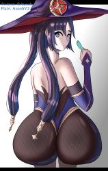 Rule 34 | 1girl, absurdres, ass, ausoh, bare shoulders, blue eyes, elbow gloves, embarrassed, food, from behind, genshin impact, gloves, hair ornament, hat, highres, huge ass, leotard, long hair, looking at viewer, looking back, mona (genshin impact), pantyhose, popsicle, purple hair, shiny clothes, shiny skin, solo, sweat, twintails, very long hair