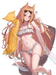 Rule 34 | 1girl, :d, @ @, absurdres, alternate costume, animal ears, archetto (arknights), arknights, armpit crease, bag, bare shoulders, bikini, blonde hair, blue eyes, blush, breasts, cleavage, collarbone, duffel bag, eyewear on head, frilled bikini, frills, heterochromia, highres, innertube, jewelry, lilac (k32420276), long hair, looking at viewer, medium breasts, navel, necklace, open mouth, red eyes, revision, ribbon, shawl, simple background, skindentation, smile, solo, stomach, sunglasses, swim ring, swimsuit, thigh strap, thighs, underboob, very long hair, white background, white bikini, wrist ribbon