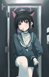 Rule 34 | 1girl, animal ears, black choker, black hair, black sailor collar, black skirt, blue archive, breasts, candy, cat ears, cat girl, choker, cleavage, corrupted twitter file, food, food in mouth, hair ornament, hairpin, halo, highres, indoors, kazusa (blue archive), large breasts, light blush, lollipop, long sleeves, looking at viewer, mask, medium hair, mouth mask, pleated skirt, red eyes, sailor collar, shirt, skirt, solo, syhan, toilet paper, toilet stall