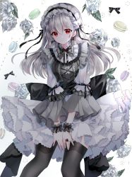 Rule 34 | 1girl, absurdres, black ribbon, black thighhighs, brooch, closed mouth, commentary request, dress, earrings, feet out of frame, flower, food, frilled dress, frilled hairband, frilled shirt collar, frills, gem, grey dress, grey hair, hair between eyes, hairband, highres, jewelry, leaf, lolita fashion, long hair, long sleeves, looking at viewer, macaron, neck ribbon, original, puffy long sleeves, puffy sleeves, red eyes, red gemstone, ribbon, rose, scrunchie, simple background, smile, solo, thighhighs, white background, white flower, white rose, wrist scrunchie, ymkrnchan