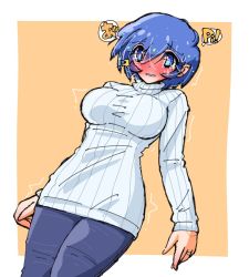 Rule 34 | aoba (aunana), blue eyes, blue hair, blush, breasts, cyborg, empty eyes, jewelry, joints, large breasts, mind control, miyuki mama, ring, robot joints, sweater, wedding band, white sweater, wince