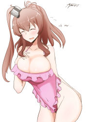 Rule 34 | 1girl, ayuman, breasts, brown hair, casual one-piece swimsuit, cleavage, commentary request, cowboy shot, embarrassed, closed eyes, frilled swimsuit, frills, hair between eyes, highres, kantai collection, large breasts, leaning forward, long hair, one-piece swimsuit, pink one-piece swimsuit, ponytail, saratoga (kancolle), side ponytail, sidelocks, signature, simple background, smile, solo, swimsuit, white background