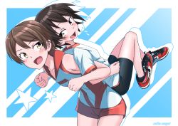 Rule 34 | 2girls, artist name, assisted stretching, back-to-back, bike shorts, black shorts, brown eyes, brown hair, clenched hands, coffeenougat 1985, cross-laced footwear, girls und panzer, gym shirt, gym uniform, highres, isobe noriko, kawanishi shinobu, leaning forward, lifting person, locked arms, looking at another, looking back, multiple girls, no socks, open mouth, red footwear, red shirt, red shorts, shirt, shoes, short hair, short ponytail, short shorts, short sleeves, shorts, silhouette, sleeveless, sleeveless shirt, smile, sneakers, sportswear, standing, star (symbol), stretching, sweat, swept bangs, t-shirt, volleyball uniform, white shirt