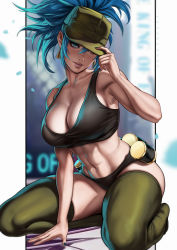 Rule 34 | 1girl, abs, ammunition belt, artist name, bare shoulders, blue eyes, blue hair, blue nails, breasts, cleavage, collarbone, dandon fuga, earrings, female focus, green thighhighs, hand on headwear, hat, highres, jewelry, large breasts, leona heidern, looking at viewer, matching hair/eyes, midriff, muscular, muscular female, nail polish, navel, one eye covered, seiza, sitting, skindentation, snk, solo, tank top, the king of fighters, thighhighs, triangle earrings, underwear