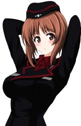 Rule 34 | 1girl, :o, absurdres, aikir (jml5160), arms behind head, arms up, black hat, black jacket, blouse, blush, brown eyes, brown hair, commentary, dress shirt, garrison cap, girls und panzer, hat, highres, insignia, jacket, kuromorimine military uniform, long sleeves, looking at viewer, military, military hat, military uniform, nishizumi miho, one-hour drawing challenge, parted lips, red shirt, shirt, short hair, simple background, solo, uniform, upper body, white background, wing collar