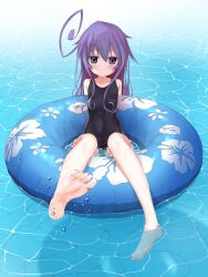 Rule 34 | 1girl, acchi kocchi, ahoge, arms behind back, barefoot, black one-piece swimsuit, blush, breasts, collarbone, commission, feet, floral print, foot up, foreshortening, full body, hair between eyes, highres, innertube, legs, long hair, looking at viewer, miniwa tsumiki, one-piece swimsuit, purple eyes, purple hair, school swimsuit, shadow, shiny skin, sidelocks, skeb commission, small breasts, soles, solo, swim ring, swimsuit, tachakan, toenails, toes, water