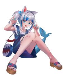 Rule 34 | 1girl, animal ears, bag, blue dress, blue eyes, blue hair, blunt bangs, blush, cat ears, collarbone, commentary request, dress, feet, fins, fish tail, foreshortening, frilled skirt, frills, full body, gawr gura, gawr gura (casual), grey hair, hair ornament, highres, hololive, hololive english, knees together feet apart, legs, looking at viewer, mebin, mixed-language commentary, multicolored hair, nail polish, paw pose, sandals, shark girl, shark tail, sharp teeth, shirt, shoulder bag, side ponytail, sidelocks, skirt, solo, streaked hair, tail, teeth, thighs, toenail polish, toenails, toes, virtual youtuber, white hair, white shirt