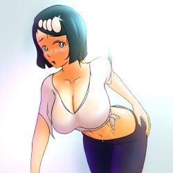 Rule 34 | 1girl, blue eyes, blue hair, blush, breasts, cleavage, creatures (company), denim, game freak, hand on own hip, hanging breasts, highres, jeans, lana&#039;s mother (pokemon), large breasts, leaning forward, lipstick, looking at viewer, makeup, mature female, midriff, navel, nintendo, pants, pokemon, pokemon (anime), pokemon sm (anime), shirt, solo, tied shirt, toned