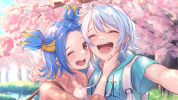Rule 34 | 2girls, ^ ^, animification, backpack, bag, blonde hair, blue hair, blue hoodie, blush, breasts, brown eyes, camisole, cherry blossoms, cleavage, closed eyes, closed eyes, grey hair, hair behind ear, hand on another&#039;s cheek, hand on another&#039;s face, highres, hood, hoodie, jett (valorant), momikodayo, multicolored hair, multiple girls, neon (valorant), one eye closed, pink shirt, selfie, shirt, short hair, smile, streaked hair, tree, v, valorant, white camisole