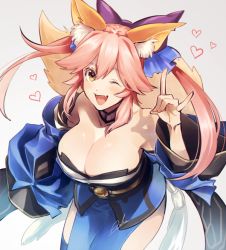 Rule 34 | 1girl, animal ear fluff, animal ears, asukasuka, bare shoulders, blush, breasts, cleavage, detached sleeves, fang, fate/extra, fate/grand order, fate (series), fox ears, fox girl, fox shadow puppet, fox tail, hair ribbon, heart, japanese clothes, large breasts, long hair, looking at viewer, one eye closed, open mouth, pelvic curtain, pink hair, ribbon, smile, solo, tail, tamamo (fate), tamamo no mae (fate/extra), thighs, wide sleeves, yellow eyes