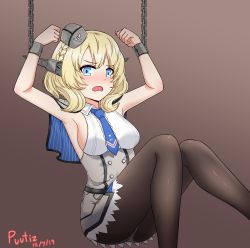 Rule 34 | 1girl, artist name, black pantyhose, blonde hair, blue eyes, blue necktie, braid, breasts, brown background, capelet, chain, colorado (kancolle), commentary, cuffs, dated, dress, english commentary, garrison cap, gradient background, grey dress, grey hat, hat, headgear, highres, kantai collection, large breasts, looking at viewer, necktie, panties, panties under pantyhose, pantyhose, pleated dress, puutiz, restrained, shackles, shirt, short hair, side braids, sideboob, sitting, sleeveless, solo, underwear, white panties, white shirt