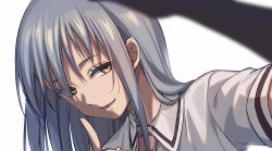 Rule 34 | 1other, androgynous, aozora tsugumi, asada hachi, asobi asobase, brown eyes, brown necktie, collared shirt, commentary request, hair between eyes, highres, index finger raised, long hair, looking at viewer, necktie, other focus, shirt, silver hair, simple background, smile, solo, twitter username, upper body, watermark, white background, white shirt