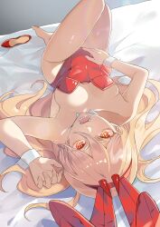 Rule 34 | 1girl, absurdres, animal ears, barefoot, blonde hair, breasts, chainsaw man, cross-shaped pupils, detached collar, fake animal ears, highres, horns, leotard, long hair, looking at viewer, lying, meltykiss0316, on back, on bed, open mouth, playboy bunny, power (chainsaw man), rabbit ears, red horns, red leotard, sharp teeth, small breasts, solo, strapless, strapless leotard, symbol-shaped pupils, teeth, wrist cuffs, yellow eyes