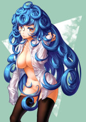 Rule 34 | 1girl, black thighhighs, blue background, blue hair, breasts, brown eyes, censored, cleavage, collarbone, convenient censoring, dedeen, hair censor, highres, large breasts, long hair, long sleeves, looking at viewer, naked shirt, navel, open clothes, open shirt, shirt, sleeves past wrists, smile, standing, thighhighs, white shirt