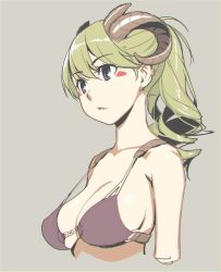 Rule 34 | 1girl, armor, bare shoulders, bikini armor, black eyes, breasts, commentary request, curled horns, drill hair, drill ponytail, facial mark, green hair, horns, ino (magloid), medium breasts, original, parted lips, sideboob, simple background, sketch, solo, upper body