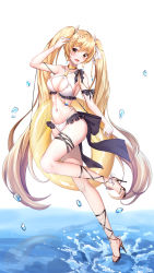 Rule 34 | 1girl, :d, akashic chronicle, arm ribbon, arm up, bare shoulders, bikini, black ribbon, blonde hair, breasts, caba (caba091), choker, cleavage, criss-cross halter, earrings, fang, frilled bikini, frills, halterneck, high heels, highres, hoop earrings, jewelry, large breasts, layla (akashic chronicle), leg up, long hair, looking at viewer, multi-strapped bikini, nail polish, navel, necklace, open mouth, ribbon, smile, solo, stomach, string bikini, swimsuit, thigh strap, thighs, twintails, very long hair, water, white background, white bikini, yellow eyes