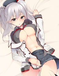 Rule 34 | 10s, 1girl, bed sheet, black skirt, breasts, buttons, from above, hat, jacket, kantai collection, kashima (kancolle), large breasts, long sleeves, looking at viewer, lying, miniskirt, on back, on bed, pleated skirt, sheet grab, silver hair, skin tight, skirt, solo, thighs, unbuttoned, underboob, white background, white jacket