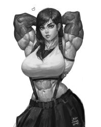 Rule 34 | 1girl, abs, absurdres, armpit crease, armpits, arms behind head, belt, black hair, breasts, earrings, elbow gloves, final fantasy, final fantasy vii, gloves, greyscale, heart, highres, jewelry, justsomenoob, large breasts, long hair, looking at viewer, monochrome, muscular, muscular female, signature, simple background, skirt, smile, solo, suspender skirt, suspenders, sweat, tank top, tifa lockhart, white background