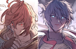 Rule 34 | 2boys, ahoge, armor, backlighting, blood, blood on clothes, blood on face, blood on hands, blue eyes, breastplate, brown hair, commentary request, empty eyes, falling feathers, feathers, fingerless gloves, from below, gloves, glowing, glowing eyes, granblue fantasy, hair between eyes, hand on own chin, hood, hood down, looking at viewer, lucifer (shingeki no bahamut), multiple boys, red eyes, red ribbon, ribbon, sandalphon (granblue fantasy), short hair, split screen, sweater, tekki (tki), turtleneck, upper body, white feathers, white hair, wiping mouth