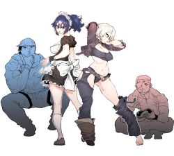 Rule 34 | 2boys, 2girls, alternate costume, angel (kof), arms behind head, barefoot, belt, blonde hair, blue eyes, blue hair, blush, bra, breasts, brown jacket, cleavage, closed mouth, contrapposto, cropped jacket, detached pants, dress, frilled dress, frills, grey bra, grey eyes, grey panties, hands up, highres, jacket, kneehighs, large breasts, leather, leather jacket, leona heidern, looking at viewer, maid, multiple boys, multiple girls, navel, open clothes, open jacket, panties, parted lips, ponytail, ralf jones, shoes, short hair, simple background, single shoe, smile, snk heroines: tag team frenzy, socks, soldier, squatting, ssambatea, sweatdrop, the king of fighters, toenails, underwear, white background, white legwear