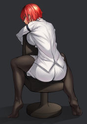 Rule 34 | 1girl, ass, ayakumo, black pantyhose, breasts, chair, female focus, from behind, full body, highres, horikawa raiko, jacket, large breasts, light smile, looking at viewer, looking back, miniskirt, pantyhose, pencil skirt, red eyes, red hair, short hair, sitting, skirt, soles, solo, touhou, white jacket, white skirt