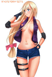 Rule 34 | 1girl, blonde hair, blouse, blue eyes, breasts, breasts apart, cleavage, cowboy shot, eyebrows hidden by hair, gun, hand on own hip, handgun, holster, long hair, medium breasts, narrow waist, no bra, number tattoo, open clothes, open shirt, pistol, ryu (ryu&#039;s form site), shirt, short shorts, shorts, simple background, solo, standing, swept bangs, tattoo, thigh holster, very long hair, weapon, white background, wide hips