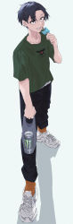 Rule 34 | 1boy, absurdres, bad proportions, black eyes, black hair, black pants, collarbone, dragon quest, dracky, eating, food, full body, green shirt, highres, looking at viewer, male focus, monster energy, pants, popsicle, print shirt, qto toto, shirt, shoes, simple background, sneakers, solo, standing, t-shirt, white background, white footwear, yamori kou, yofukashi no uta