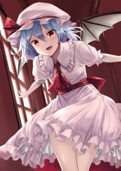 Rule 34 | 1girl, :d, ascot, bat wings, blue hair, commentary request, cowboy shot, dress, dutch angle, fangs, frilled shirt collar, frills, gradient hair, hair between eyes, hat, hat ribbon, indoors, looking at viewer, mob cap, multicolored hair, oborofu, open mouth, pink dress, pink hat, puffy short sleeves, puffy sleeves, purple hair, red ascot, red eyes, red ribbon, red sash, remilia scarlet, ribbon, sash, short sleeves, smile, solo, standing, thighs, touhou, window, wings