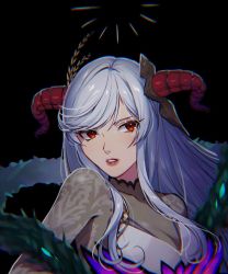 Rule 34 | 1girl, black background, breasts, fire emblem, fire emblem heroes, freyja (fire emblem), goat horns, hair ornament, highres, horns, large breasts, long hair, looking at viewer, nintendo, open mouth, parted lips, plant, red eyes, rppppic, silver hair, simple background, solo, solo focus, upper body, vines