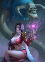 Rule 34 | 1girl, black hair, blue eyes, boa hancock, breasts, cleavage, dress, earrings, heart, highres, jewelry, large breasts, lips, long hair, one piece, purple dress, salome (one piece), skull, smile, snake, yellow eyes