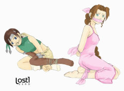 Rule 34 | 2girls, aerith gainsborough, arms behind back, ass, bdsm, black hair, blue eyes, bondage, bound, bound ankles, bound wrists, breasts, brown hair, cleave gag, cloth gag, collarbone, crop top, final fantasy, final fantasy vii, gag, gagged, green eyes, green shirt, improvised gag, lost one zero, medium breasts, multiple girls, over the mouth gag, pink hair, shirt, square enix, yuffie kisaragi