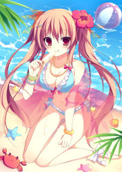 Rule 34 | 1girl, :q, bad id, bad pixiv id, ball, beach, beachball, bikini, blue bikini, blush, bracelet, breasts, brown hair, cleavage, crab, flower, food, frilled bikini, frills, hair flower, hair ornament, hand on thigh, hibiscus, highres, jacket, jewelry, large breasts, lens flare, long hair, necklace, ocean, original, outdoors, popsicle, red eyes, ringonotane, sand, seashell, see-through, shell, sitting, solo, starfish, swimsuit, tongue, tongue out, twintails, very long hair, wariza, water