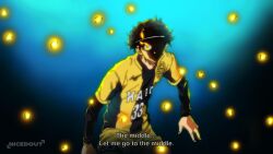 Rule 34 | 1boy, ao ashi, aoi ashito, artist name, black hair, comic panel redraw, derivative work, english text, flaming eye, gradient background, headband, highres, long sleeves, looking at viewer, male focus, nicedout, shirt, soccer uniform, solo, sportswear, standing, yellow eyes, yellow shirt