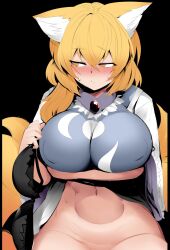 Rule 34 | 1girl, animal ear fluff, animal ears, arm under breasts, black bra, blonde hair, blue tabard, blush, bra, breasts, closed mouth, clothes lift, commentary, covered erect nipples, cowboy shot, dress, dress lift, embarrassed, fox ears, fox tail, groin, highres, holding, holding bra, holding clothes, holding underwear, large breasts, looking afar, looking to the side, medium hair, midriff, mizuga, multiple tails, navel, no headwear, no panties, nose blush, solo, sweat, symbol-only commentary, tabard, tail, touhou, underwear, white dress, yakumo ran, yellow eyes