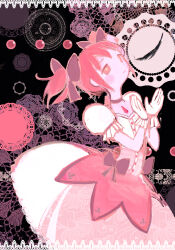 Rule 34 | 1girl, abstract background, absurdres, bigskycastle, black bow, black choker, blush stickers, bow, buttons, chest jewel, choker, closed mouth, commentary, cowboy shot, dress, english commentary, frilled gloves, frilled sleeves, frills, from side, gem, gloves, hair bow, hands up, highres, kaname madoka, lace, lace-trimmed dress, lace background, lace border, lace print, lace trim, light frown, looking up, magical girl, mahou shoujo madoka magica, multicolored clothes, multicolored dress, overskirt, own hands together, pink dress, pink eyes, pink hair, print dress, puffy short sleeves, puffy sleeves, short hair, short sleeves, short twintails, solo, standing, tareme, twintails, white dress, white gloves, yellow pupils