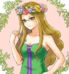 Rule 34 | 1girl, akane (imochimo), bad id, bad pixiv id, bare arms, bare shoulders, blush, breast tattoo, breasts, brown hair, cleavage, collarbone, dress, evergreen (fairy tail), fairy tail, female focus, glasses, green dress, hand on own hip, hand up, head tilt, head wreath, long hair, looking to the side, medium breasts, neck, parted bangs, pink background, sidelocks, smile, solo, strapless, strapless dress, tattoo, upper body