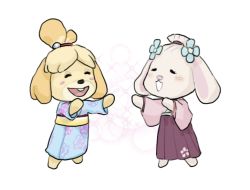 Rule 34 | 2girls, :3, ^ ^, ace attorney, alternate costume, animal crossing, animal ears, animal nose, arms up, barefoot, blonde hair, blue flower, blue kimono, blush, blush stickers, body fur, closed eyes, crossover, dog ears, dog girl, closed eyes, female focus, floral print, flower, full body, furrification, furry, furry female, godzillapigeon1, hair flower, hair ornament, hair tie, hakama, hakama skirt, happy, isabelle (animal crossing), japanese clothes, kimono, multiple girls, nintendo, obi, open mouth, outstretched arms, pink fur, pink kimono, purple hakama, rabbit ears, rabbit girl, sash, short hair, simple background, skirt, smile, sparkle, standing, susato mikotoba, symmetry, topknot, white background, yellow fur