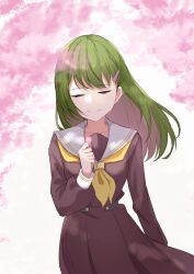 Rule 34 | 1girl, brown dress, cherry blossoms, clenched hand, closed eyes, closed mouth, commentary request, dress, green hair, hair ornament, hairclip, hasu no sora school uniform, highres, link! like! love live!, long hair, long sleeves, love live!, neckerchief, oogami sachi, sailor collar, school uniform, solo, standing, tomoe (tomoe 200), upper body, white sailor collar, winter uniform, yellow neckerchief