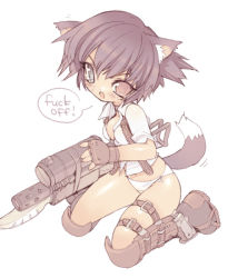 Rule 34 | 00s, 1girl, animal ear fluff, animal ears, blade (galaxist), blouse, boots, bottomless, breasts, brown eyes, brown hair, capcom, cat ears, cat tail, cleavage, devil may cry (series), english text, gun, heterochromia, kemonomimi mode, knee boots, lady (devil may cry), navel, no pants, panties, profanity, rocket launcher, shirt, short hair, side-tie panties, small breasts, solo, tail, tears, underwear, weapon, white panties