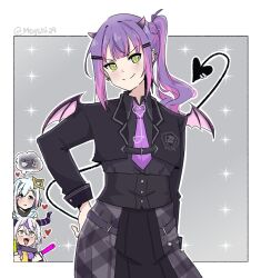 Rule 34 | 3girls, amane kanata, closed mouth, collared shirt, demon horns, demon tail, demon wings, hair ornament, hairpin, heart, highres, hololive, horns, la+ darknesss, light stick, long sleeves, meyshi, multicolored hair, multiple girls, multiple hairpins, necktie, open mouth, peeking out, pink hair, purple hair, purple necktie, shirt, simple background, smile, star (symbol), streaked hair, tail, thought bubble, tokoyami towa, virtual youtuber, wings