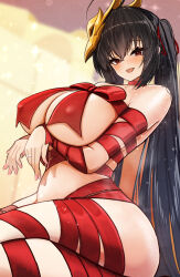 1girl ahoge azur_lane bare_shoulders black_hair blush breasts choker hair_ribbon highres huge_breasts long_hair looking_at_viewer mask mask_on_head naked_ribbon navel open_mouth red_eyes red_ribbon ribbon sano_sho sitting smile solo taihou_(azur_lane) thighs twintails very_long_hair wariza