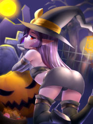Rule 34 | 1girl, arm belt, ass, bare shoulders, black panties, boots, breasts, building, c-low, candy, chocolat (lord of walkure), church, elbow gloves, food, full moon, gloves, halloween, hat, high heels, highres, jack-o&#039;-lantern, kneeling, lantern, light, long hair, looking at another, looking at viewer, looking back, lord of walkure, moon, outdoors, panties, parted lips, pointy ears, pumpkin, red eyes, small breasts, solo, sweets, thigh boots, thighhighs, thighs, underwear, white gloves, witch hat