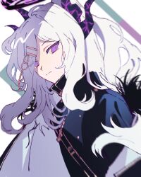 Rule 34 | 1girl, black jacket, blue archive, closed mouth, dutch angle, eyes visible through hair, floating hair, hair ornament, hairclip, halo, highres, hina (blue archive), hirako daishougun, horns, jacket, looking at viewer, purple eyes, solo, upper body, white background, white hair
