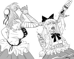 Rule 34 | 2girls, absurdres, alcohol, bandaged arm, bandages, bb (baalbuddy), bottle, bow, bowtie, breasts, bun cover, closed eyes, commentary, cup, double bun, drinking, drinking glass, english commentary, greyscale, hair bow, hair bun, height difference, highres, holding, holding bottle, horns, ibaraki kasen, ibuki suika, large breasts, monochrome, multiple girls, open mouth, puffy short sleeves, puffy sleeves, short sleeves, shot glass, simple background, skirt, textless version, touhou, white background